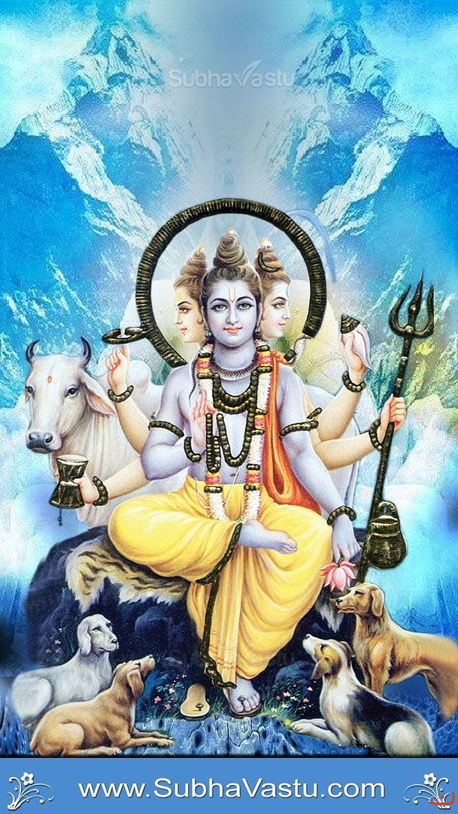 Dattatreya Tri-Mukhi Deity with Nandi and Dogs in Himalayan Landscape HD phone wallpaper