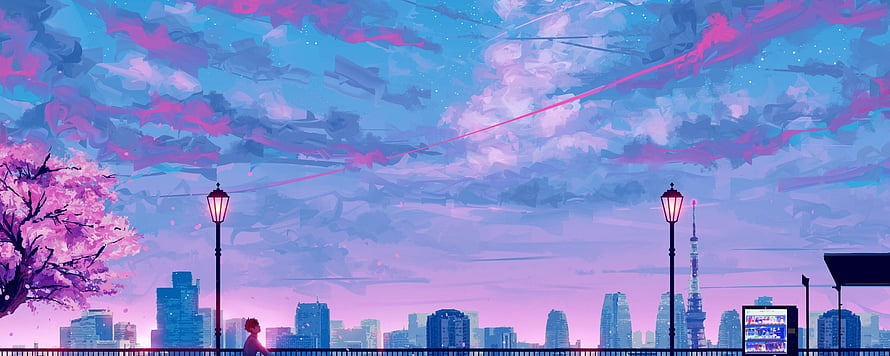 Dreamy Anime Cityscape with Cherry Blossoms and Tokyo Skyline at Dusk HD wallpaper