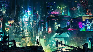 Neon-lit futuristic megacity with flying vehicles and holographic displays in a cyberpunk night scene HD wallpaper