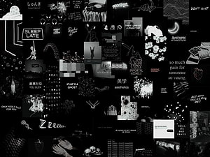 Dark Aesthetic Collage Wallpaper with Monochrome Text and Illustrations HD wallpaper