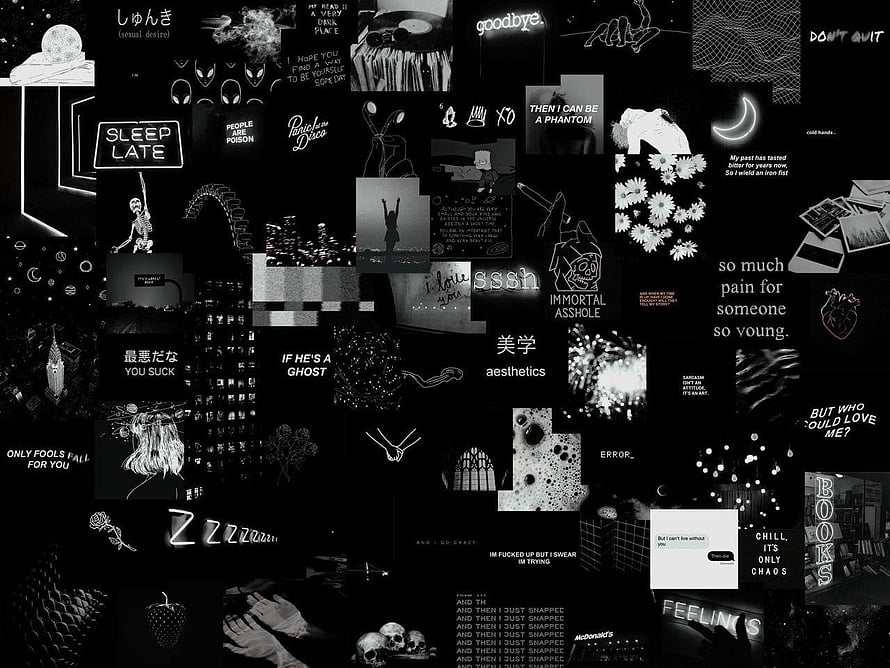 Dark Aesthetic Collage Wallpaper with Monochrome Text and Illustrations HD wallpaper
