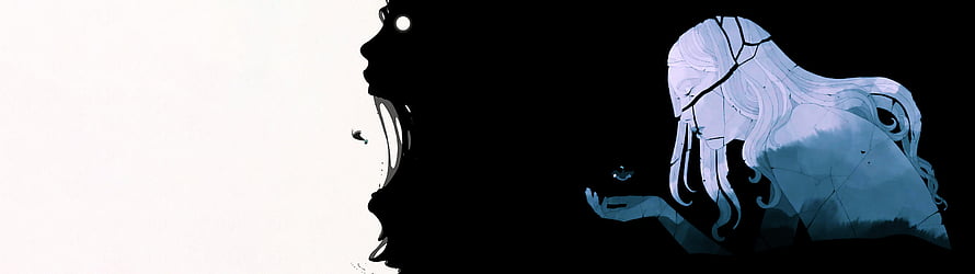 Gris Artwork Featuring a Cracked Blue Figure and Dark Silhouette HD wallpaper