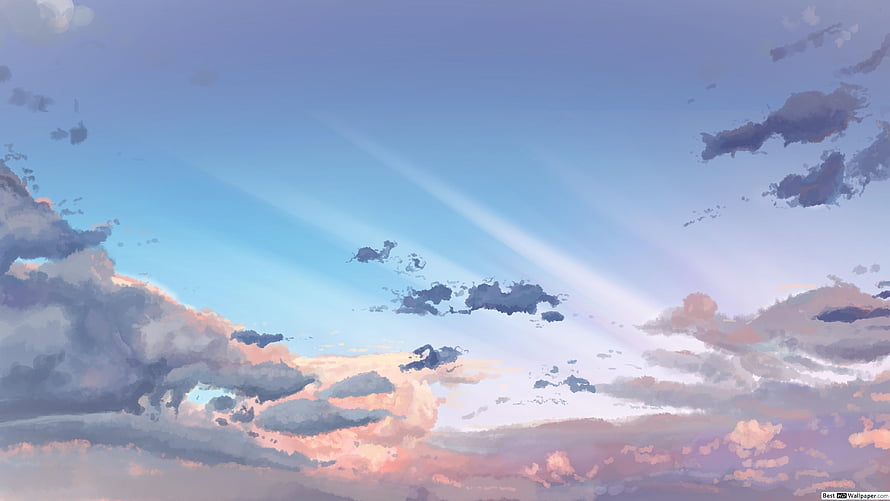 Soft Watercolor Clouds and Sunbeams in a Pastel Blue Sky HD wallpaper