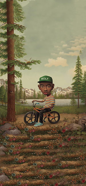 Tyler the Creator Wolf Album Art Illustration with Boy on Bicycle in Forest Landscape HD phone wallpaper