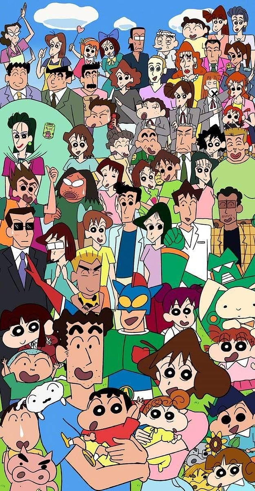 Crayon Shin-chan Full Cast Group Portrait with Family and Friends HD phone wallpaper