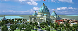 Mayapur Temple Complex with Turquoise Domes and Golden Spires HD wallpaper
