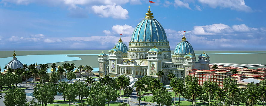 Mayapur Temple Complex with Turquoise Domes and Golden Spires HD wallpaper