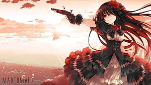 Kurumi Tokisaki from Date A Live in a gothic dress aiming a revolver against a sunset sky HD wallpaper