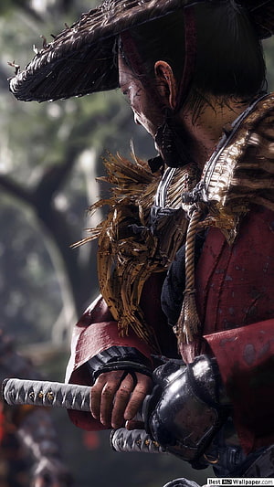 Ghost of Tsushima Samurai Warrior in Straw Hat and Armor Holding Katana HD phone wallpaper