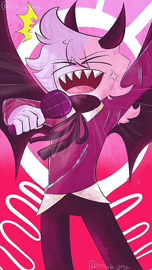 Selever from Friday Night Funkin' singing passionately with a microphone in vibrant pink and purple tones HD phone wallpaper