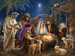 Nativity Scene with Three Wise Men, Mary, Joseph, and Baby Jesus in a Manger Under the Star of Bethlehem HD wallpaper