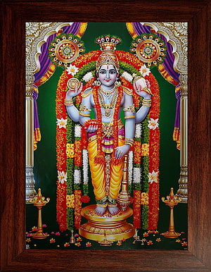 Lord Guruvayurappan Traditional Indian Temple Painting with Floral Garland and Oil Lamps HD phone wallpaper