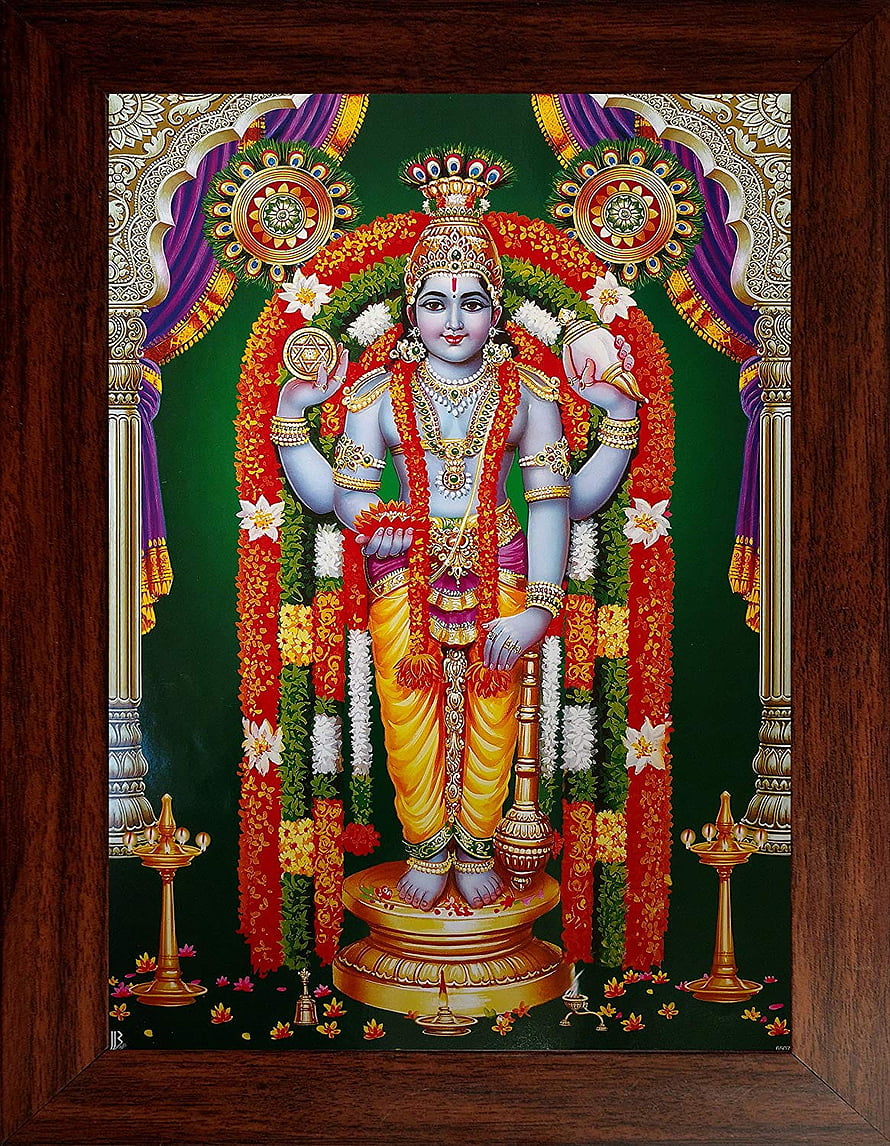 Lord Guruvayurappan Traditional Indian Temple Painting with Floral Garland and Oil Lamps HD phone wallpaper
