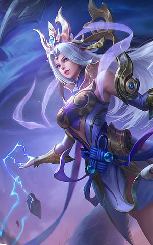 Selena from Mobile Legends: Bang Bang in ornate purple and gold armor wielding magical lightning HD phone wallpaper