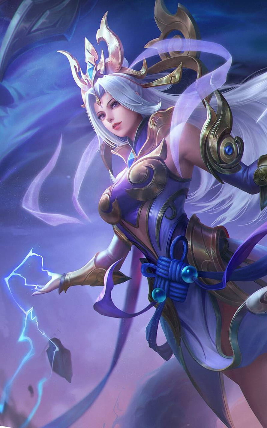 Selena from Mobile Legends: Bang Bang in ornate purple and gold armor wielding magical lightning HD phone wallpaper