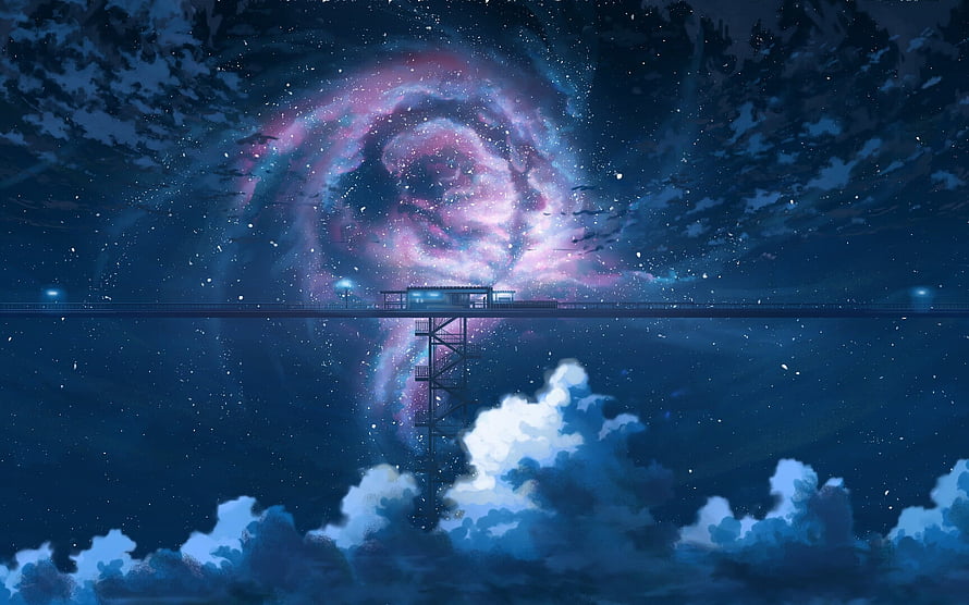 Dreamy Anime Night Sky with Swirling Nebula and Clouds HD wallpaper