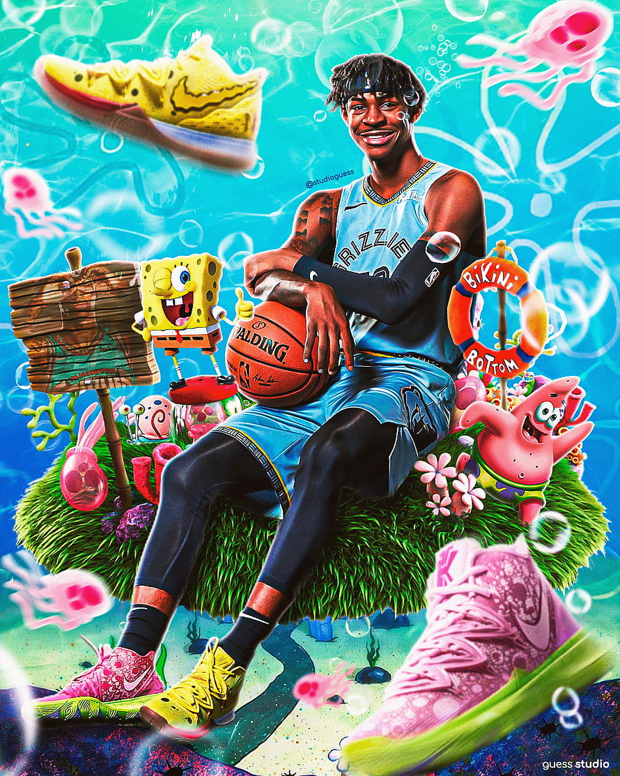Ja Morant in Memphis Grizzlies Jersey with SpongeBob and Kyrie 5 Sneakers in Underwater Scene HD phone wallpaper