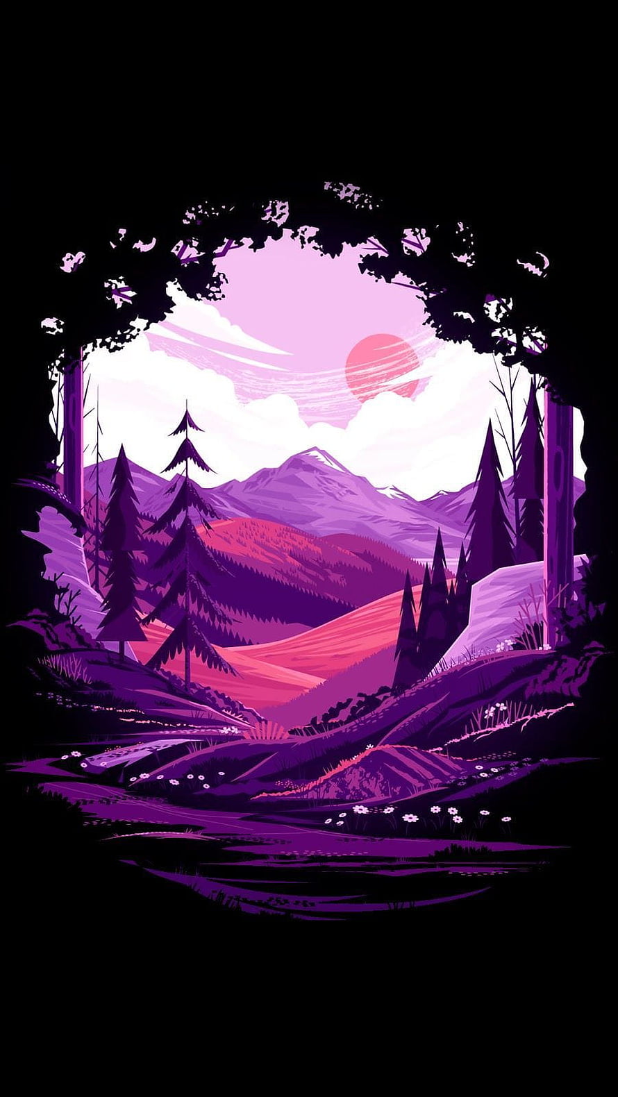 Purple Mountain Valley Landscape with Pine Trees and Setting Sun HD phone wallpaper