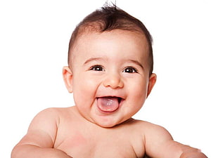 Smiling Baby Boy With Tongue Out On White Background HD wallpaper