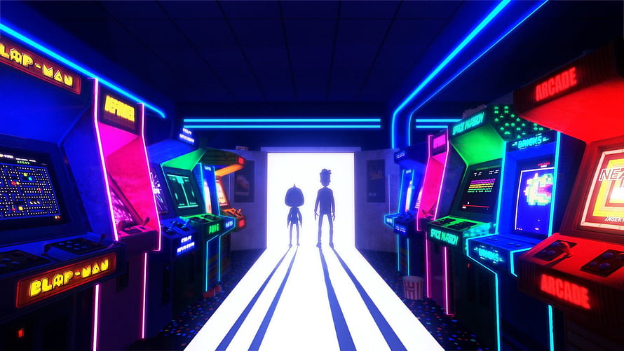 Two Silhouetted Figures Standing in a Neon-Lit Retro Arcade Hallway HD wallpaper