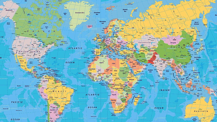 Detailed Political World Map with Color-Coded Countries and Oceans HD wallpaper
