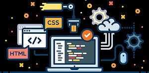 Web Development Concept Illustration Featuring HTML CSS Code Editor and Cloud Computing Elements HD wallpaper