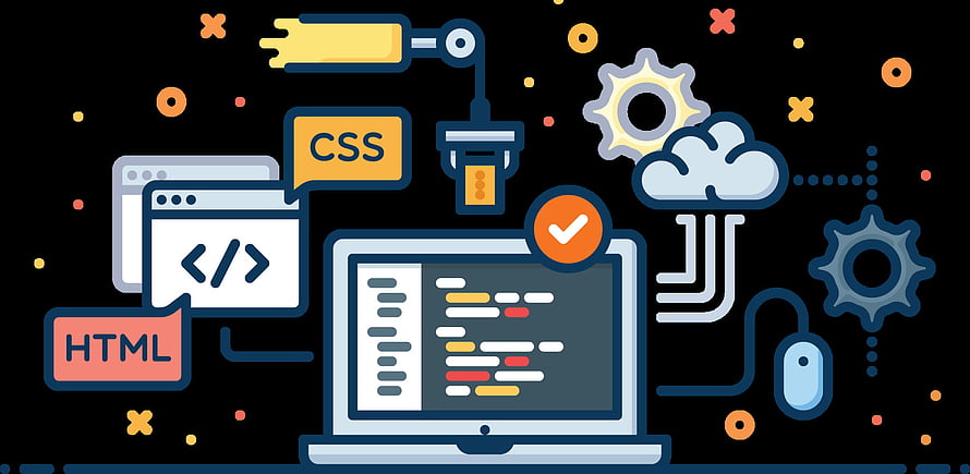 Web Development Concept Illustration Featuring HTML CSS Code Editor and Cloud Computing Elements HD wallpaper