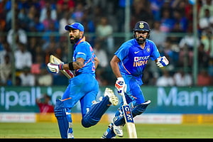 Virat Kohli and Rohit Sharma Running Between Wickets in India ODI Blue Kit HD wallpaper
