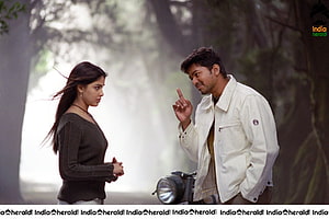 Vijay and Genelia Dhanush in a cinematic forest scene from the Indian film Sachein HD wallpaper