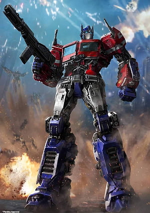 Optimus Prime Standing in Battlefield with Heavy Weapon and Explosions HD phone wallpaper