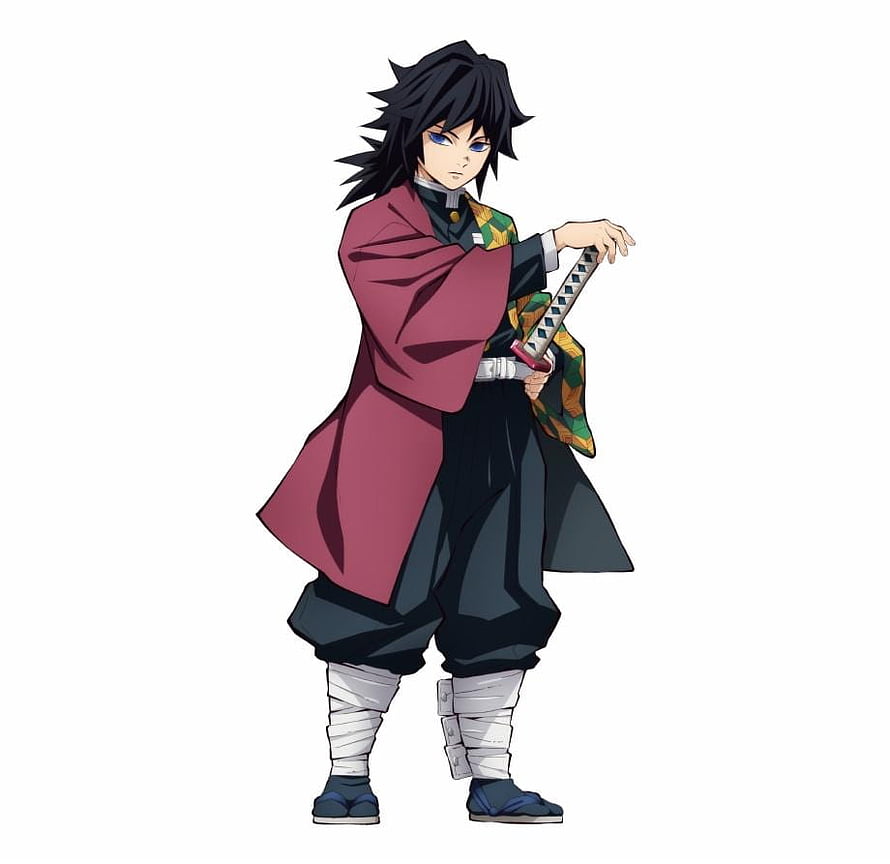 Giyu Tomioka from Demon Slayer in a red haori and patterned haori with a katana HD wallpaper