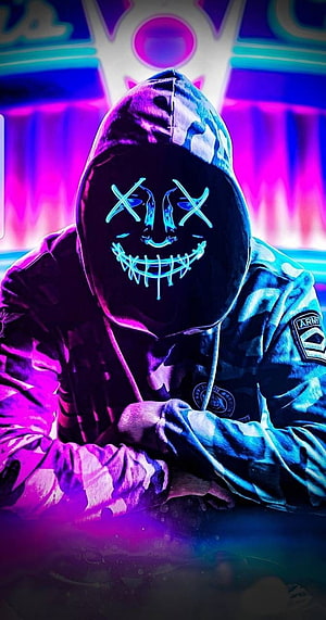 Hooded Figure with Glowing Neon Skull Mask in Cyberpunk Style HD phone wallpaper
