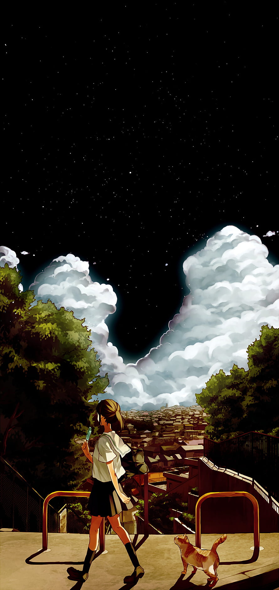 Anime Girl and Cat Gazing at Night Sky with Dramatic Clouds Over City HD phone wallpaper