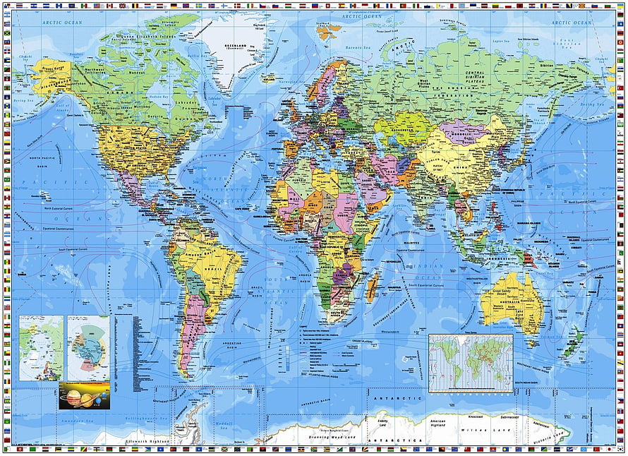 Detailed Political World Map with Country Borders and National Flags HD wallpaper