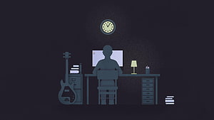 Minimalist Flat Illustration of a Programmer Working Late at a Desk with Guitar and Books HD wallpaper