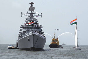 Indian Navy Warship Arrival With Water Salute And Flag Ceremony HD wallpaper