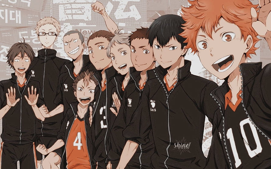 Haikyuu Karasuno High School Volleyball Team Group Portrait in Black and Orange Uniforms HD wallpaper