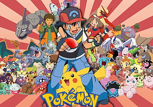 Pokémon Anime Group Poster Featuring Ash, Pikachu, and a Massive Collection of Creatures HD wallpaper