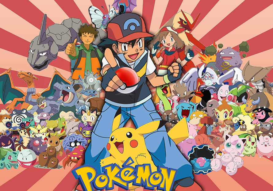 Pokémon Anime Group Poster Featuring Ash, Pikachu, and a Massive Collection of Creatures HD wallpaper