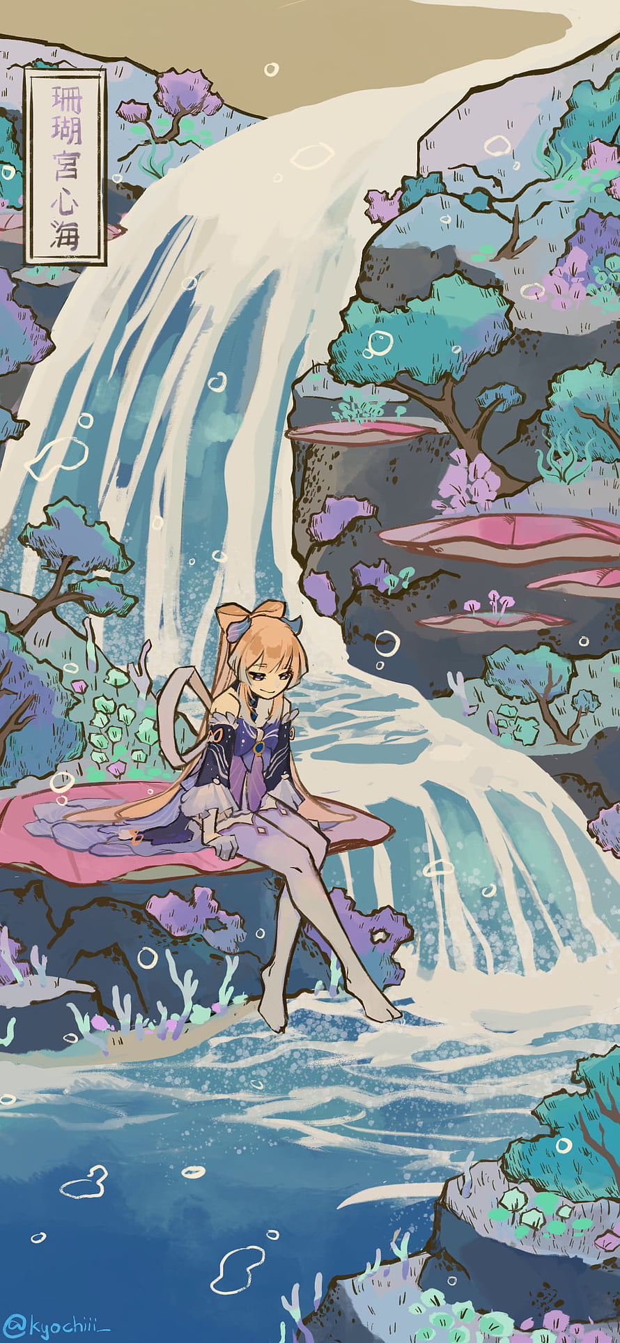 Yae Miko Sitting by a Waterfall in Genshin Impact Fantasy Landscape HD phone wallpaper