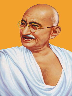 Mahatma Gandhi Portrait in White Dhoti with Round Glasses on Orange Background HD phone wallpaper