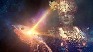 Krishna Virat Roop Divine Portrait With Cosmic Nebula And Golden Light Beam HD wallpaper