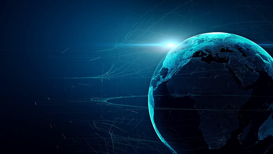 Futuristic Digital Earth Globe with Glowing Network Connections and Light Flare on Deep Blue Background HD wallpaper