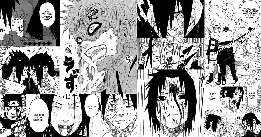 Naruto Manga Panels Featuring Sasuke Uchiha and Naruto Uzumaki in Black and White HD wallpaper