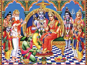 Shri Ram Darbar Traditional Indian Painting with Sita and Deities HD wallpaper