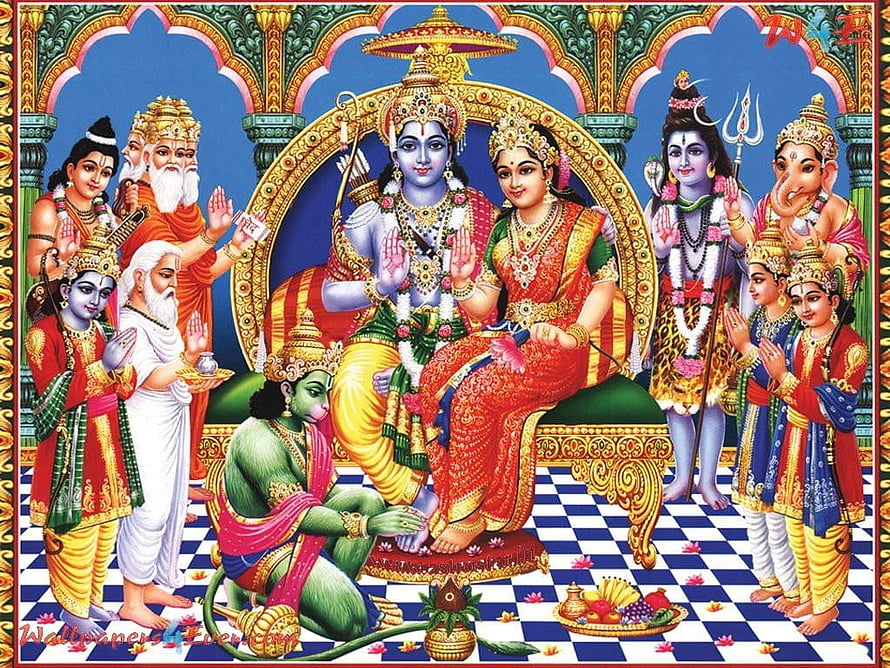 Shri Ram Darbar Traditional Indian Painting with Sita and Deities HD wallpaper