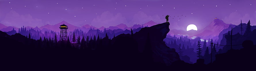 Purple Mountain Landscape with Lone Figure on Cliff and Watchtower at Night HD wallpaper