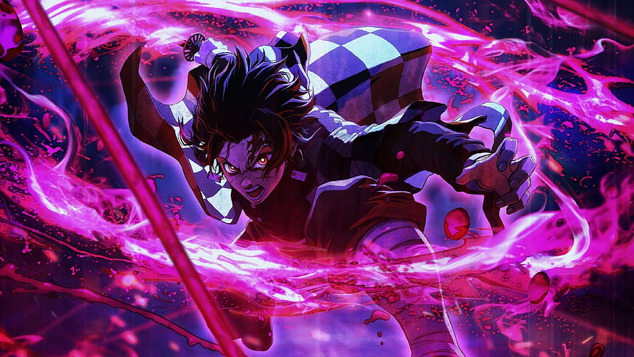 Tanjiro Kamado in Demon Slayer Demonification with Purple Aura and Checkered Haori HD wallpaper