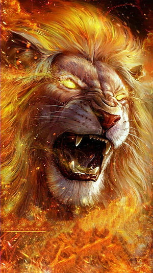 Fierce Roaring Lion Head with Fiery Golden Mane and Glowing Eyes HD phone wallpaper