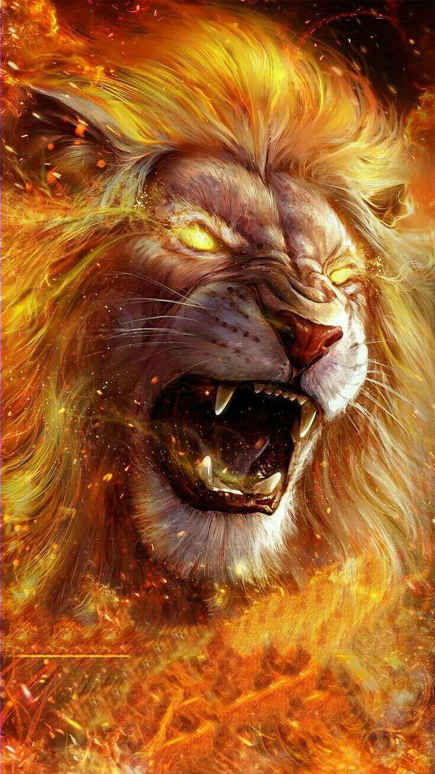 Fierce Roaring Lion Head with Fiery Golden Mane and Glowing Eyes HD phone wallpaper